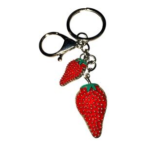 Red Strawberry with Multiple Charms Keychain in Silver Tone